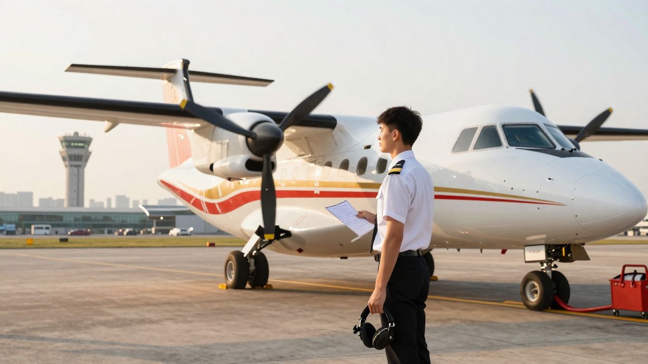 Piloto em uniforme com ficha e auscultadores em frente a avião turboélice no aeroporto ao pôr do sol.