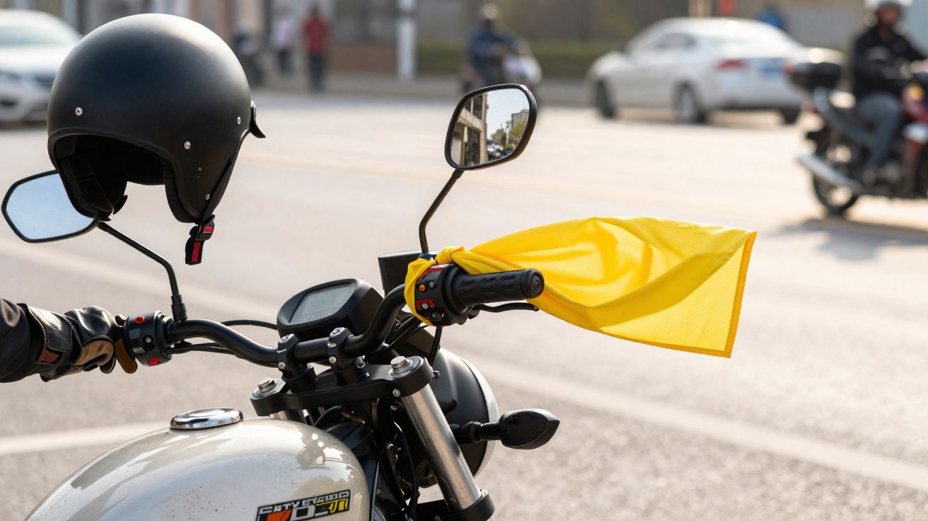 Motocicleta com capacete preto no espelho e lenço amarelo no guiador numa estrada urbana.