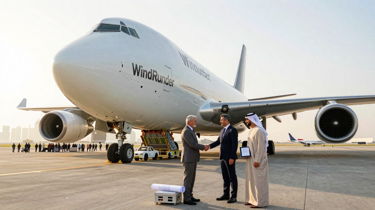 Avião de carga Windrunder no aeroporto, com três homens em traje formal a cumprimentarem-se na pista.