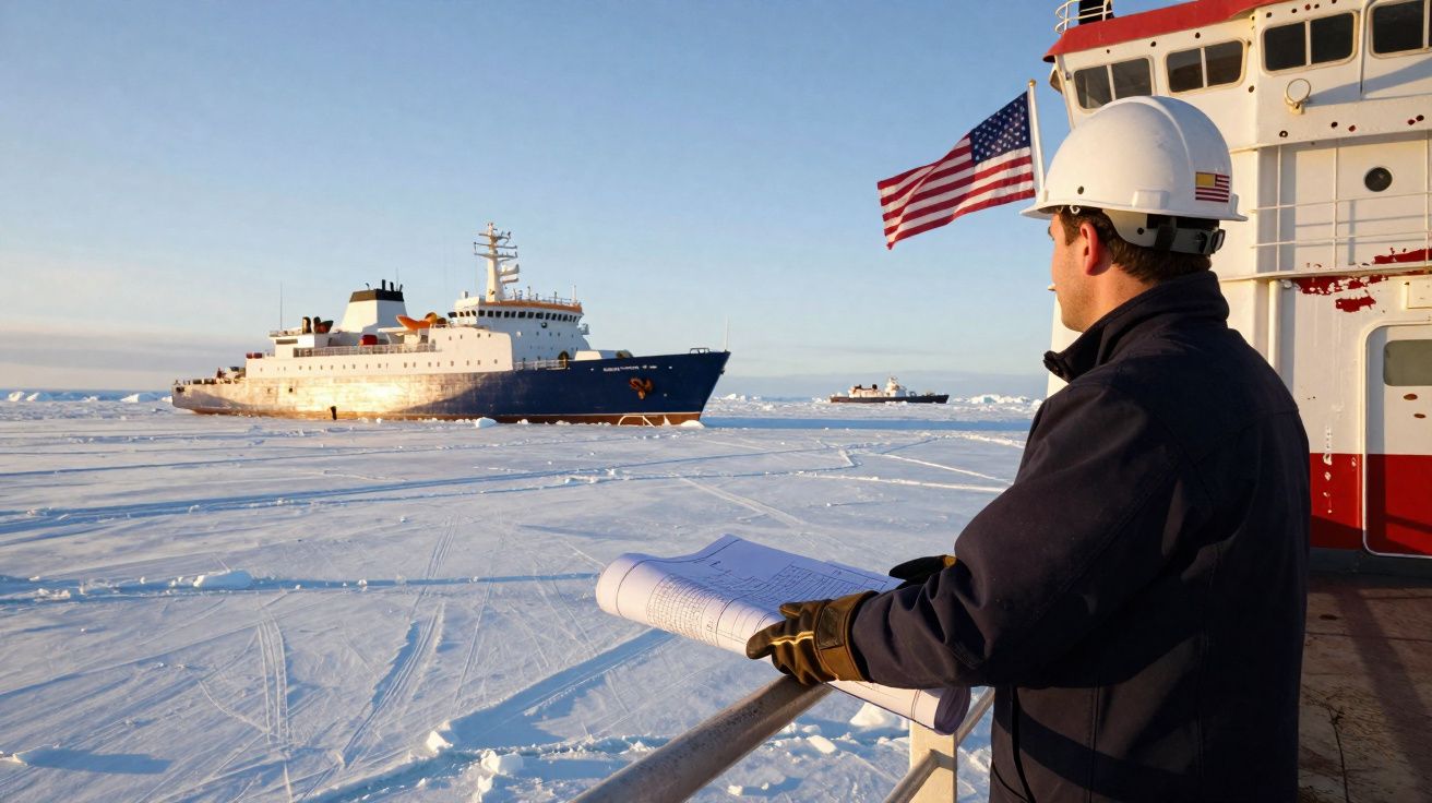Homem com capacete e luvas observa navio quebra-gelo no mar gelado, segurando plantas técnicas.