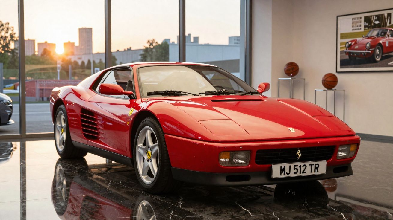 Carro desportivo vermelho Ferrari estacionado em pavimento interior com janelas grandes ao fundo e pôr do sol.
