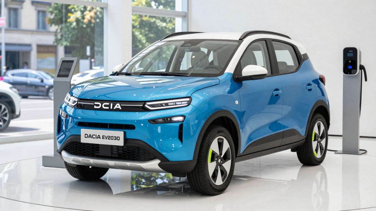 Carro elétrico azul Dacia EV2030 estacionado em showroom com postos de carregamento próximos.