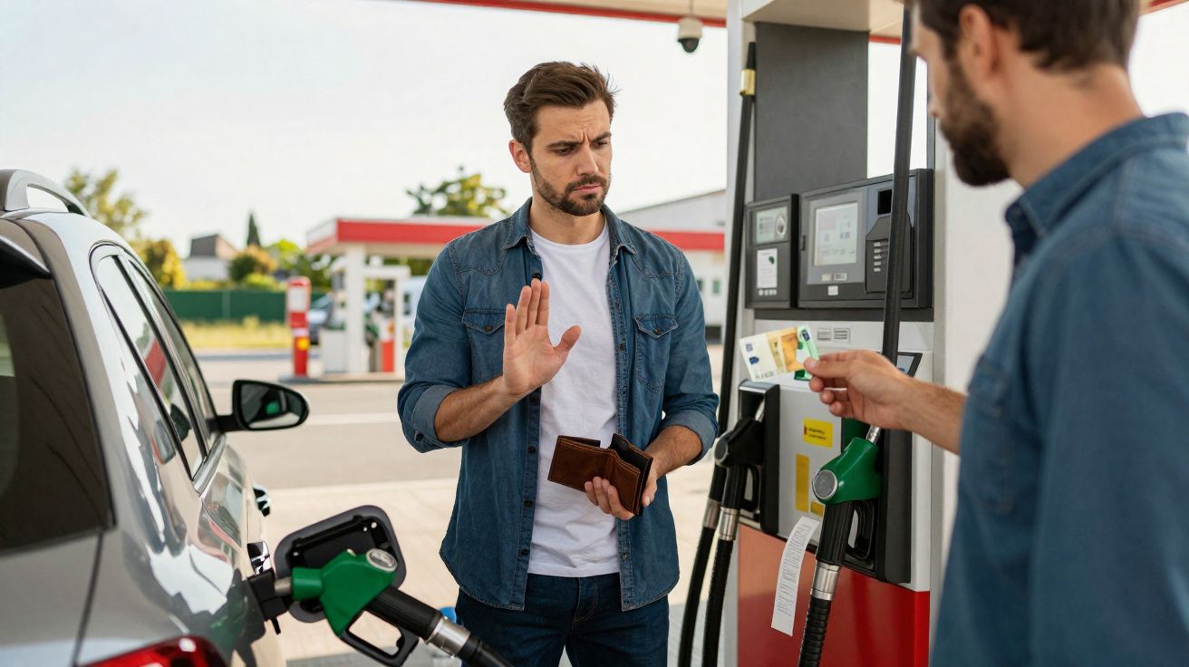 Homem recusa pagar combustível com carteira aberta numa bomba de gasolina.