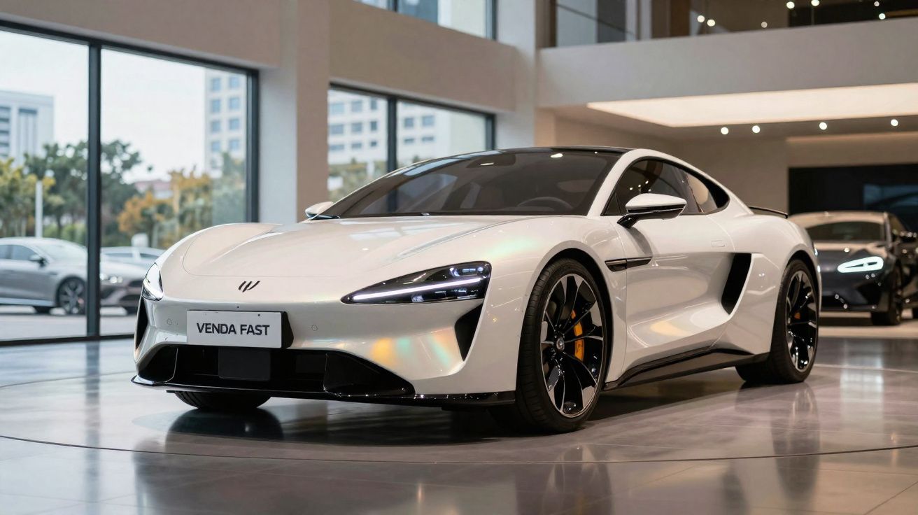 Carro desportivo branco com design moderno em exposição numa sala com grandes janelas e luz natural.