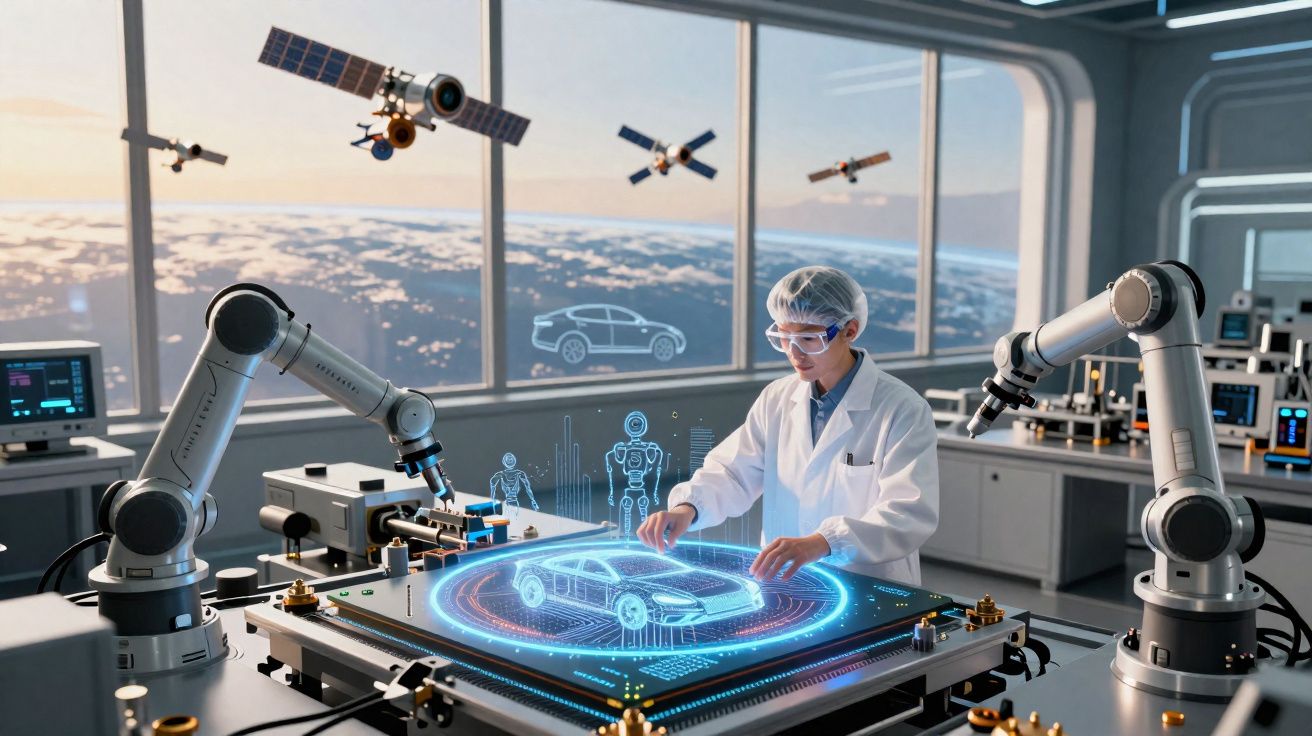 Cientista com bata e óculos de proteção manipula holograma de carro num laboratório futurista com braços robóticos e satélite