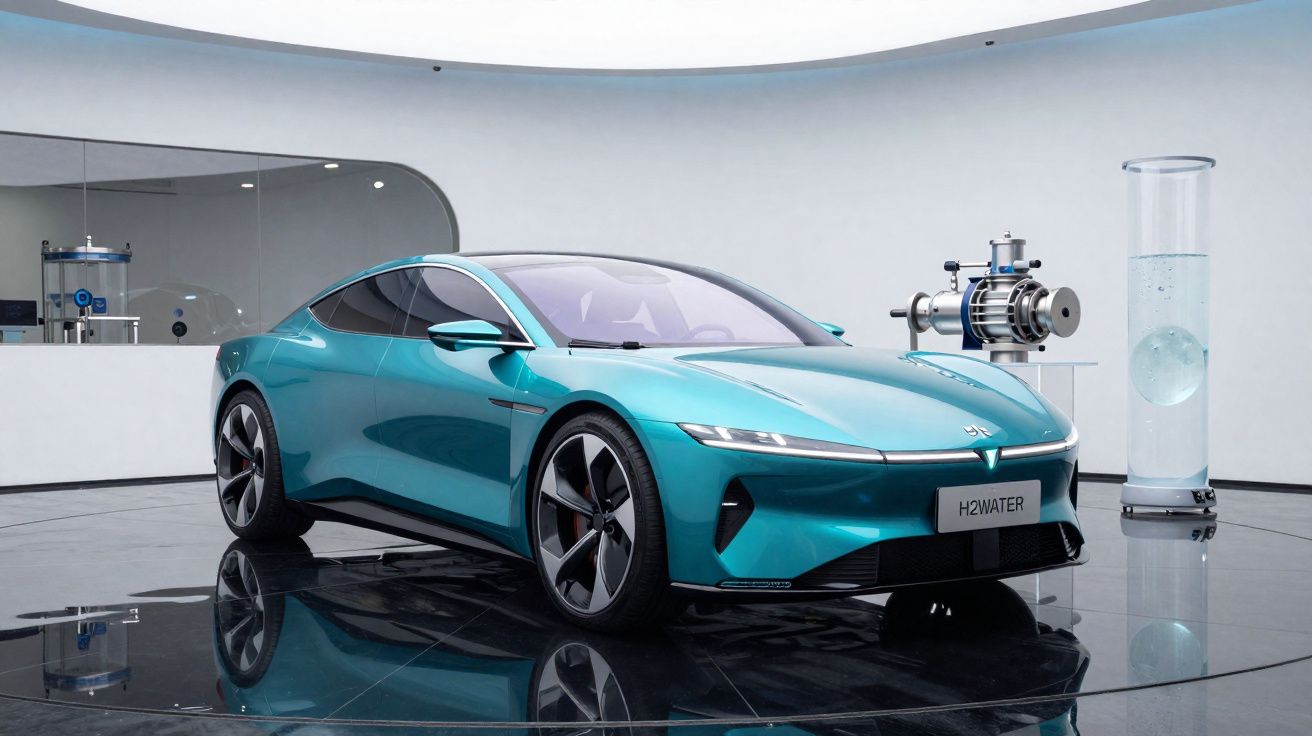 Carro elétrico azul metálico futurista apresentado em espaço moderno com equipamentos científicos ao fundo.