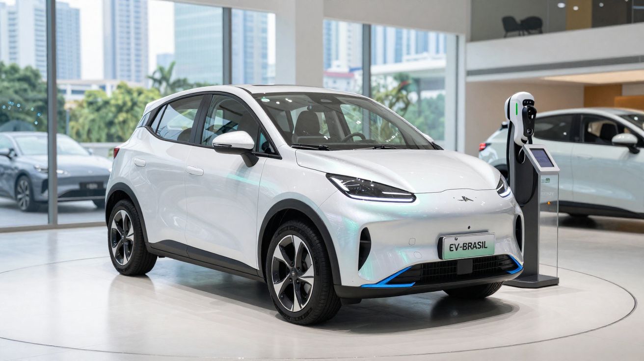 Carro elétrico branco estacionado numa sala de exposições próximo a um posto de carregamento.