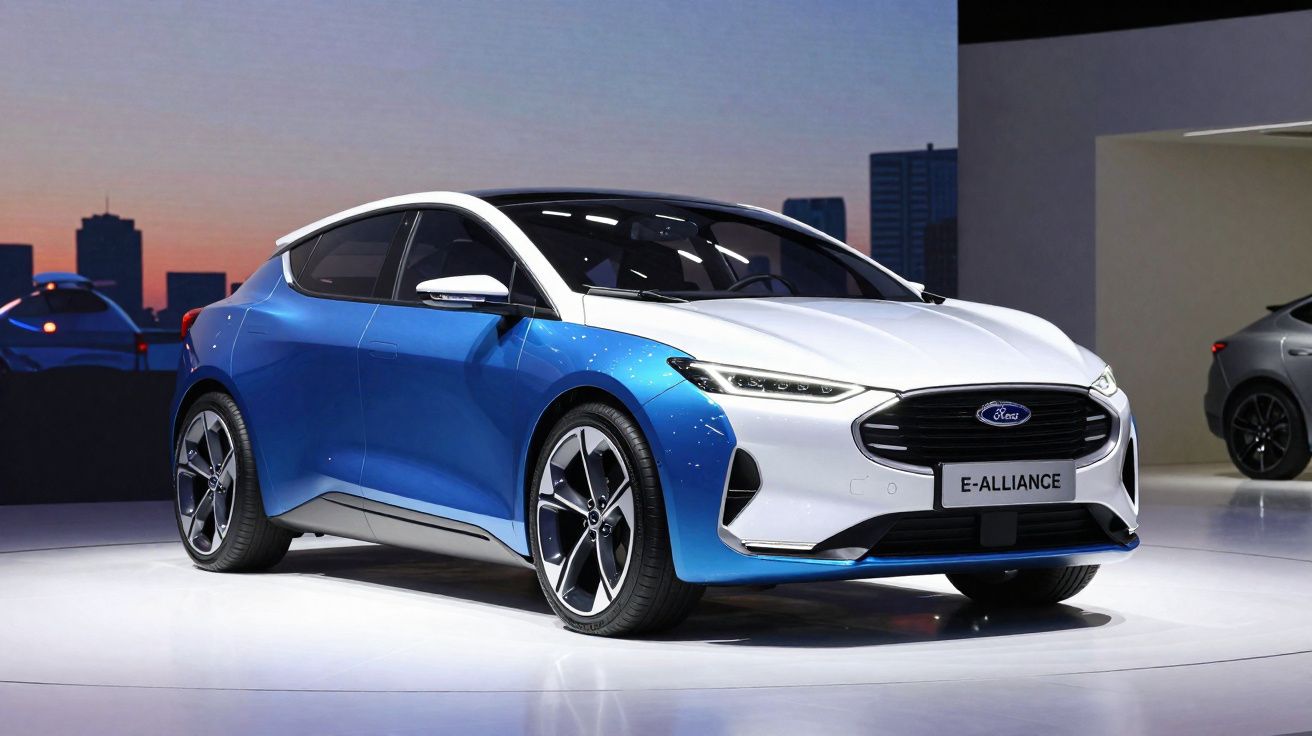 Carro elétrico Ford E-Alliance azul e branco em exposição numa sala com fundo urbano ao pôr do sol.
