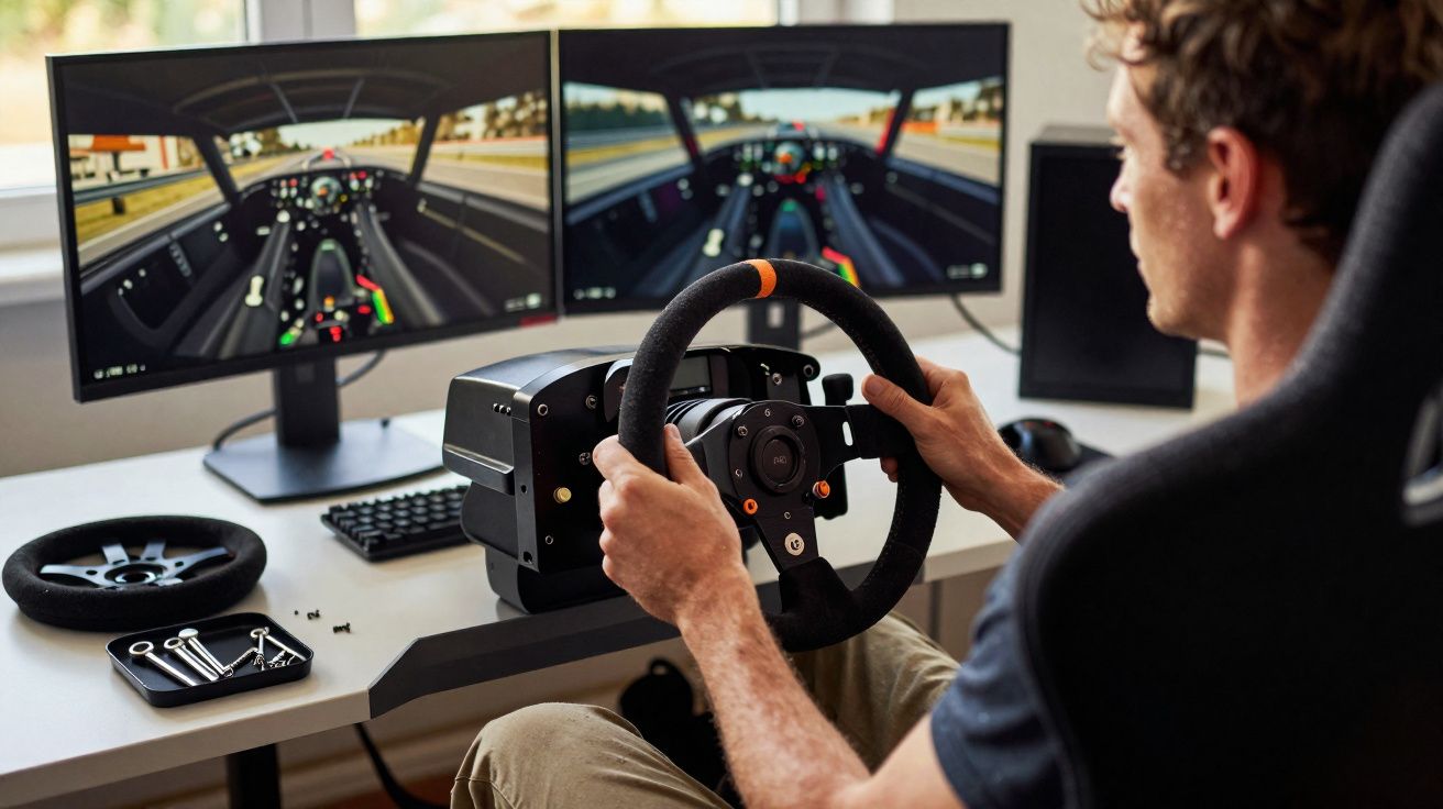 Homem a jogar simulador de corrida com volante e dois ecrãs numa secretária em casa.