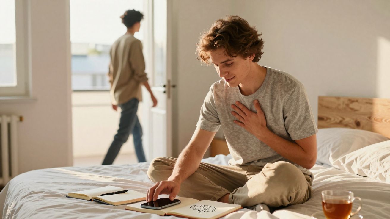 Jovem sentado na cama com a mão no peito, outra pessoa a sair do quarto pela porta aberta.