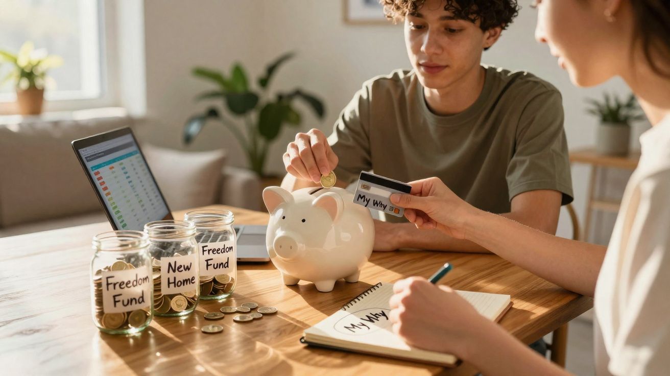 Casal a poupar dinheiro com mealheiro e frascos etiquetados em ambiente doméstico com computador portátil aberto.