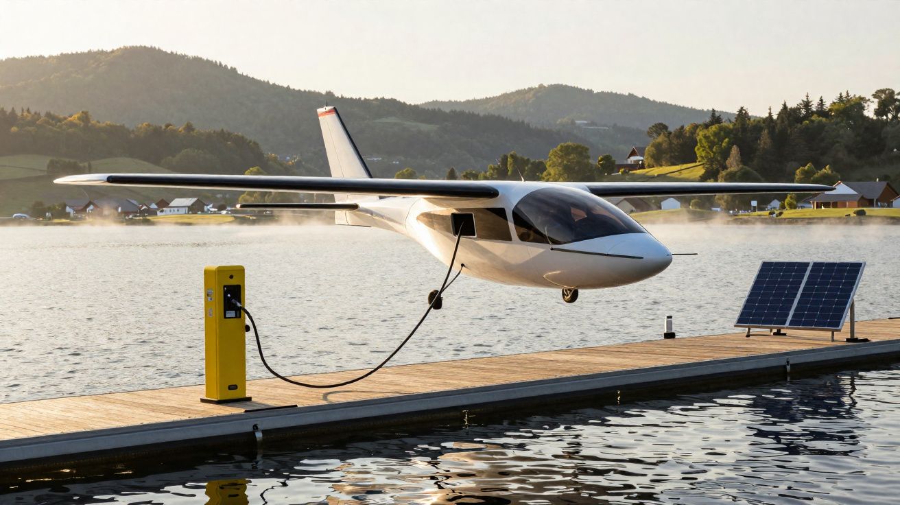 Avião elétrico a carregar energia numa estação junto a um lago com painéis solares e montanhas ao fundo.