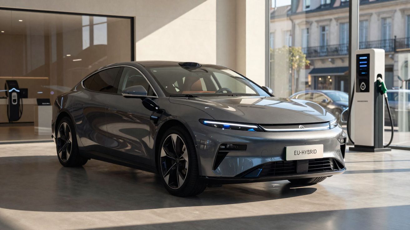 Carro eléctrico cinzento estacionado numa estação de carregamento urbano moderno com janelas grandes.