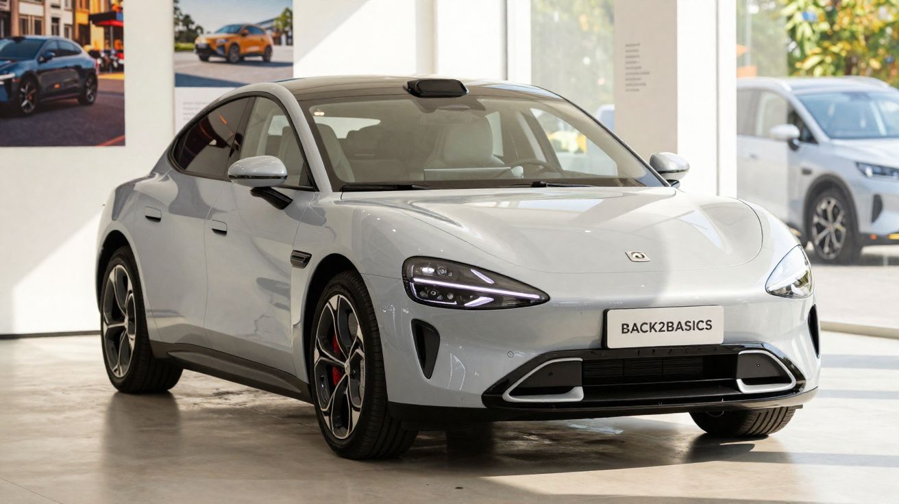 Carro elétrico cinza claro estacionado em espaço interior com luz natural e painéis informativos ao fundo.