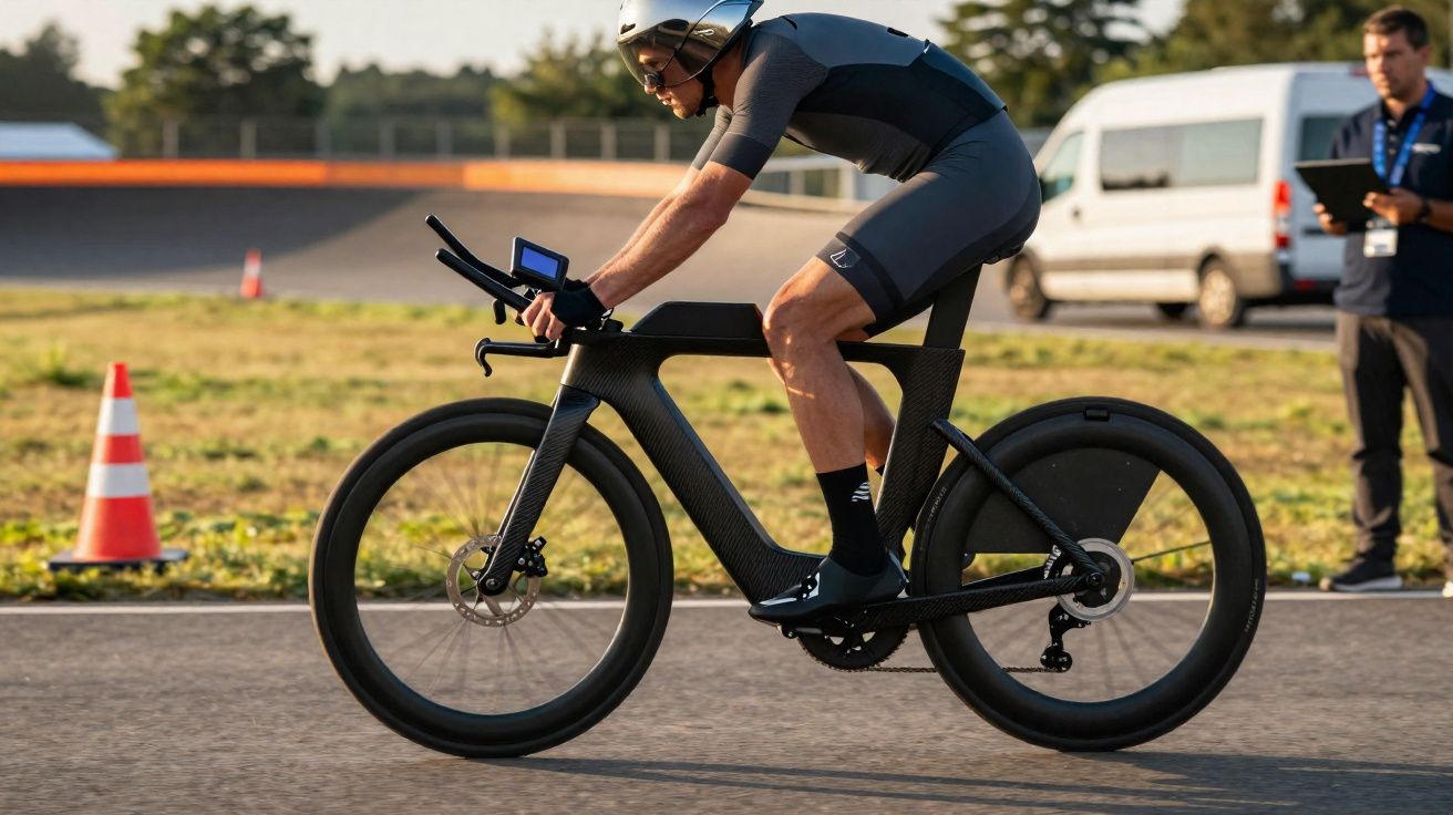 Ciclista masculino em equipamento aerodinâmico a pedalar numa bicicleta de corrida preta num circuito ao ar livre.