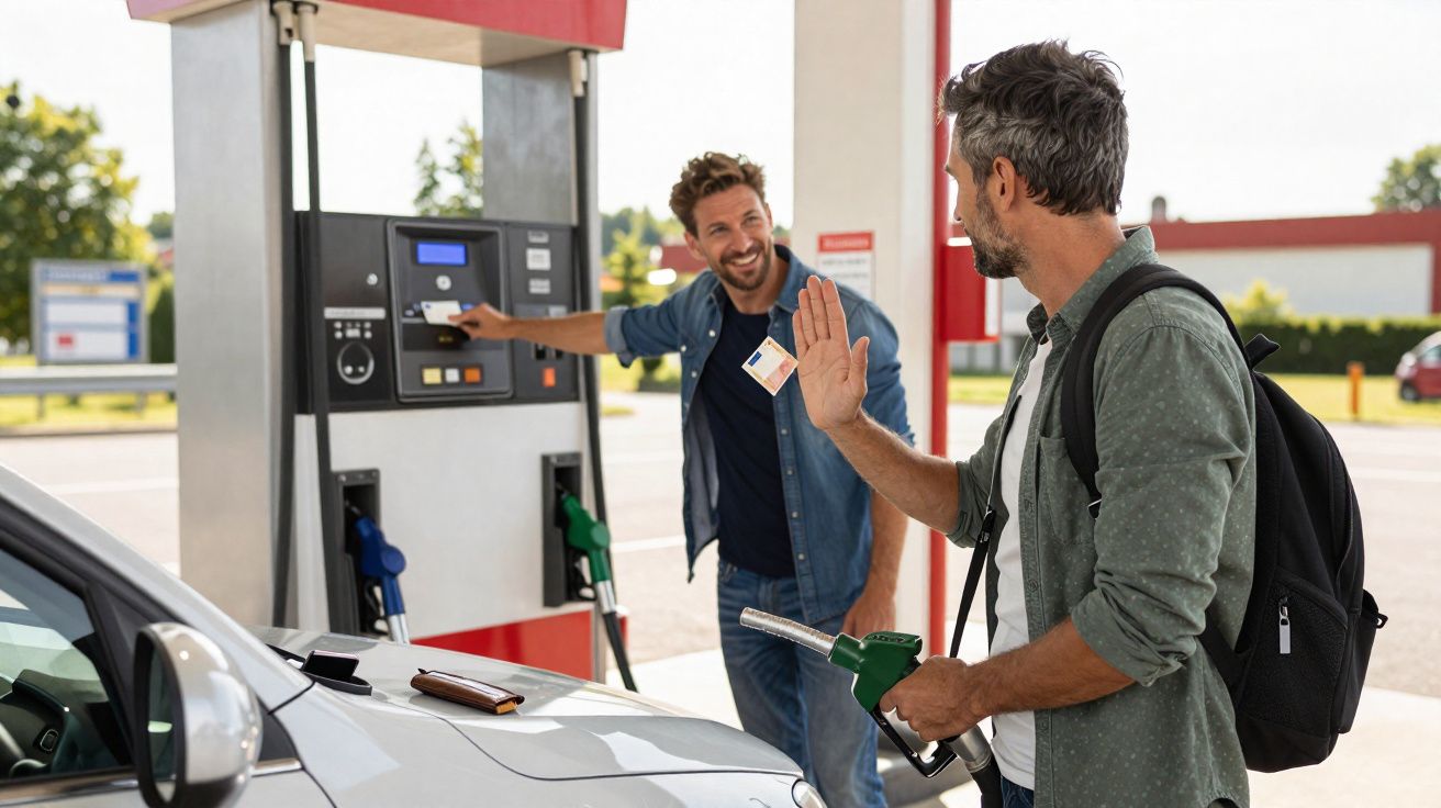 Homem a abastecer carro numa bomba de gasolina enquanto cumprimenta outro homem que paga com cartão.