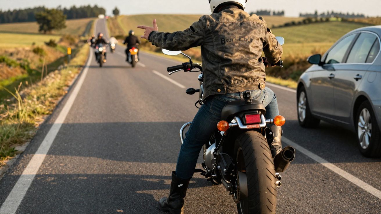 Motociclista com capacete faz sinal com a mão na estrada, seguido por outros motociclistas e carro ao lado.