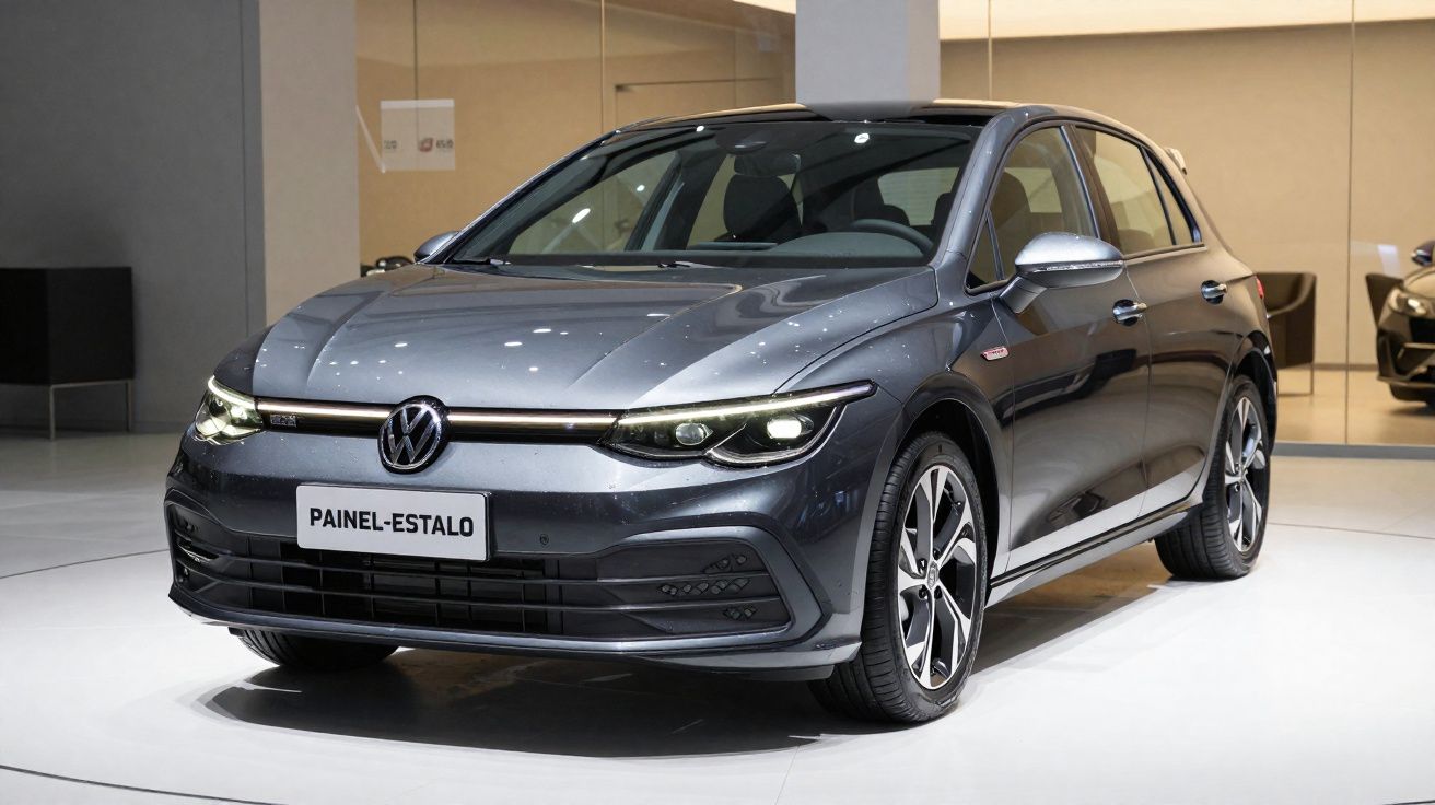 Automóvel Volkswagen cinzento escuro estacionado em espaço interior iluminado, com faróis dianteiros acesos.