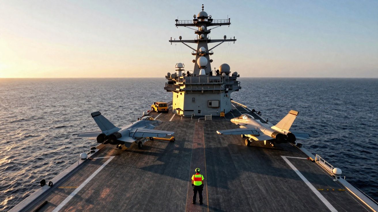 Porta-aviões no mar ao pôr do sol com dois caças estacionados e um homem equipado a observar a pista.