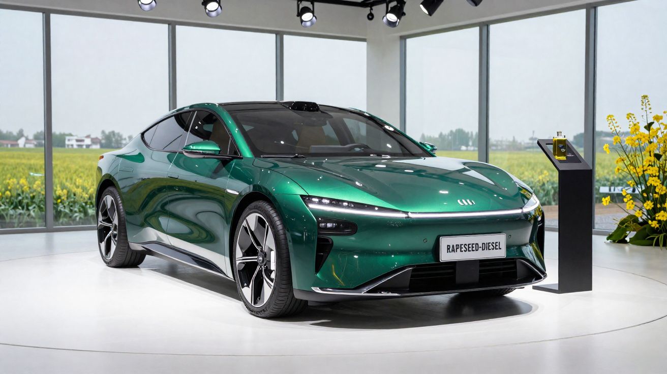 Carro elétrico verde de quatro portas exibido numa sala com janelas grandes e iluminação focada.