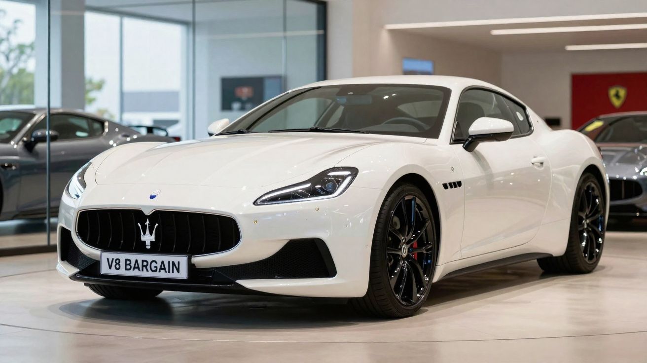 Carro desportivo Maserati branco estacionado dentro de uma garagem moderna com chão claro.
