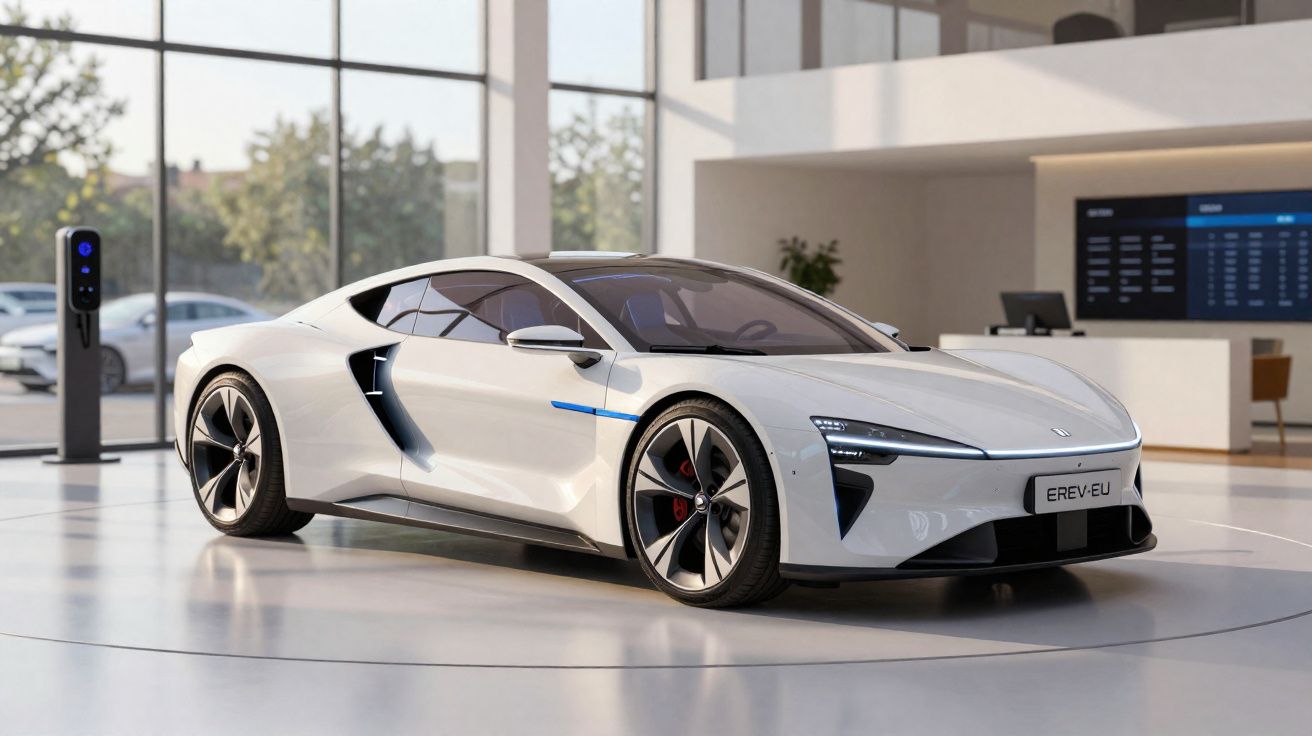 Carro desportivo elétrico branco estacionado numa sala moderna com carregador elétrico ao lado.