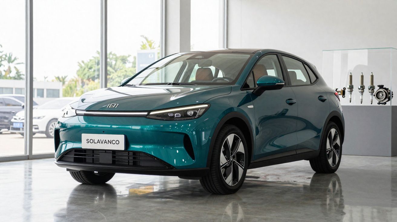 Carro elétrico compacto azul em exposição num espaço interior moderno com chão refletor.