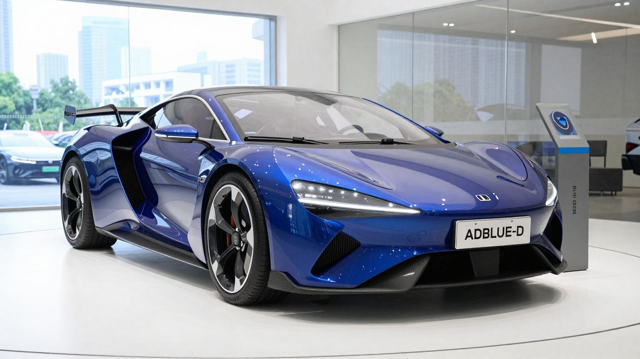 Carro desportivo azul brilhante exibido num espaço moderno de salão automóvel.