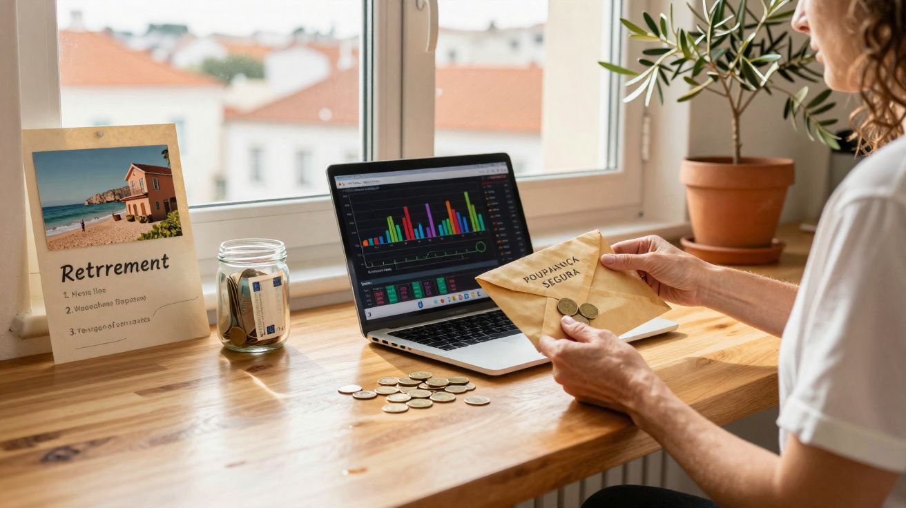 Pessoa a contar moedas e a guardar num envelope rotulado "Poupança Segura" com gráfico financeiro aberto no computador.