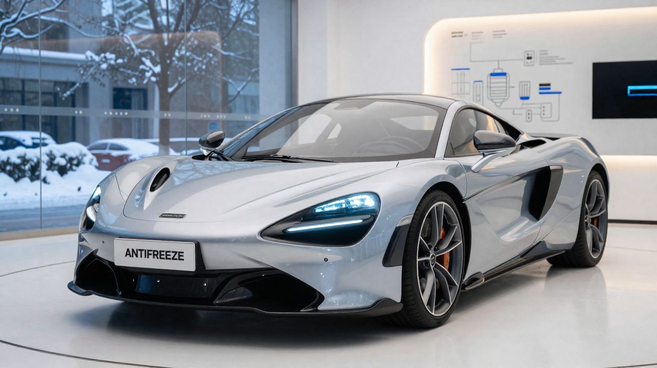 Automóvel desportivo prata McLaren estacionado em ambiente interior moderno com neve visível do lado de fora.