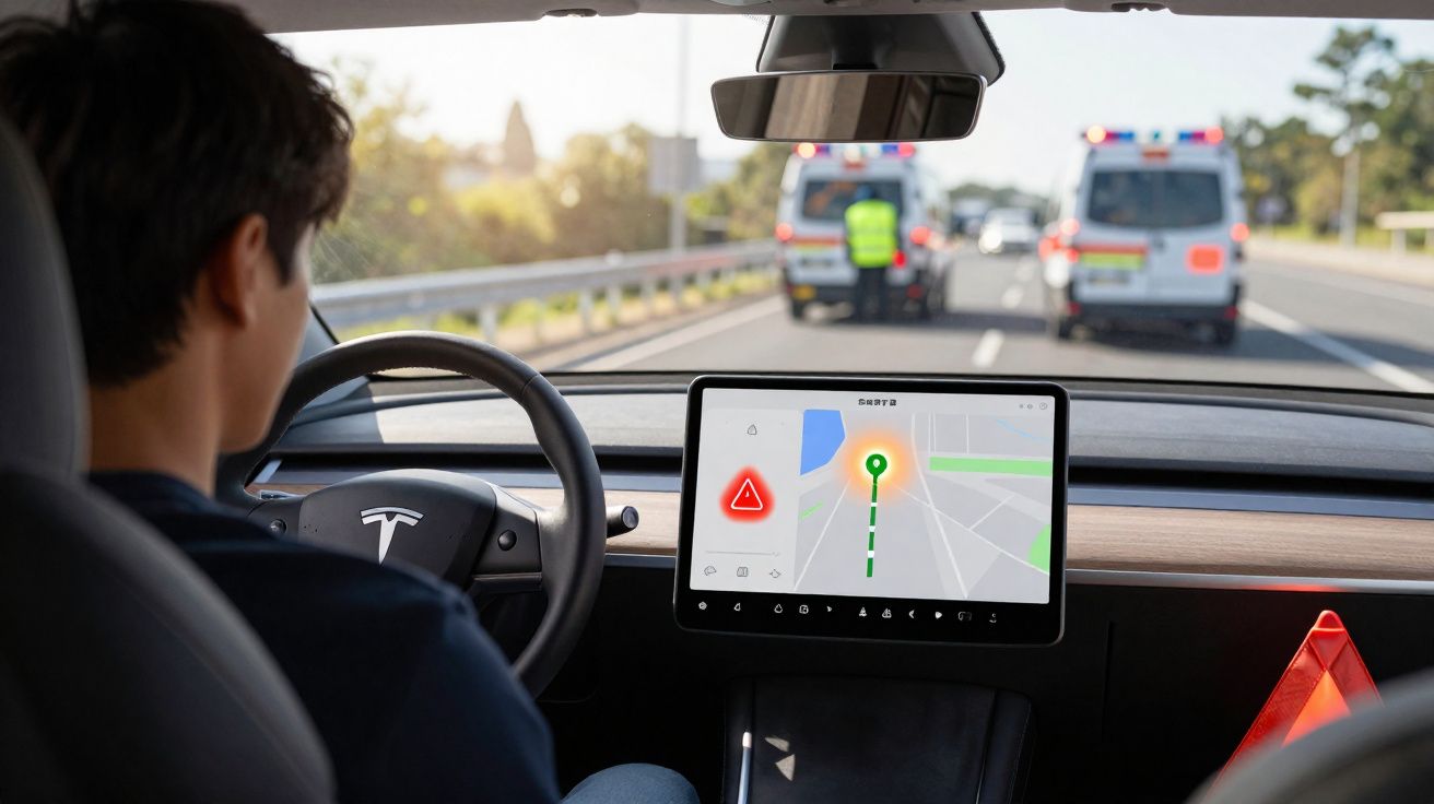 Condutor em Tesla com aviso de perigo no ecrã diante de ambulância e polícia numa estrada.