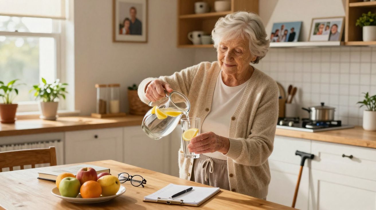 Mulher idosa a servir água com limão num copo na cozinha luminosa e acolhedora.
