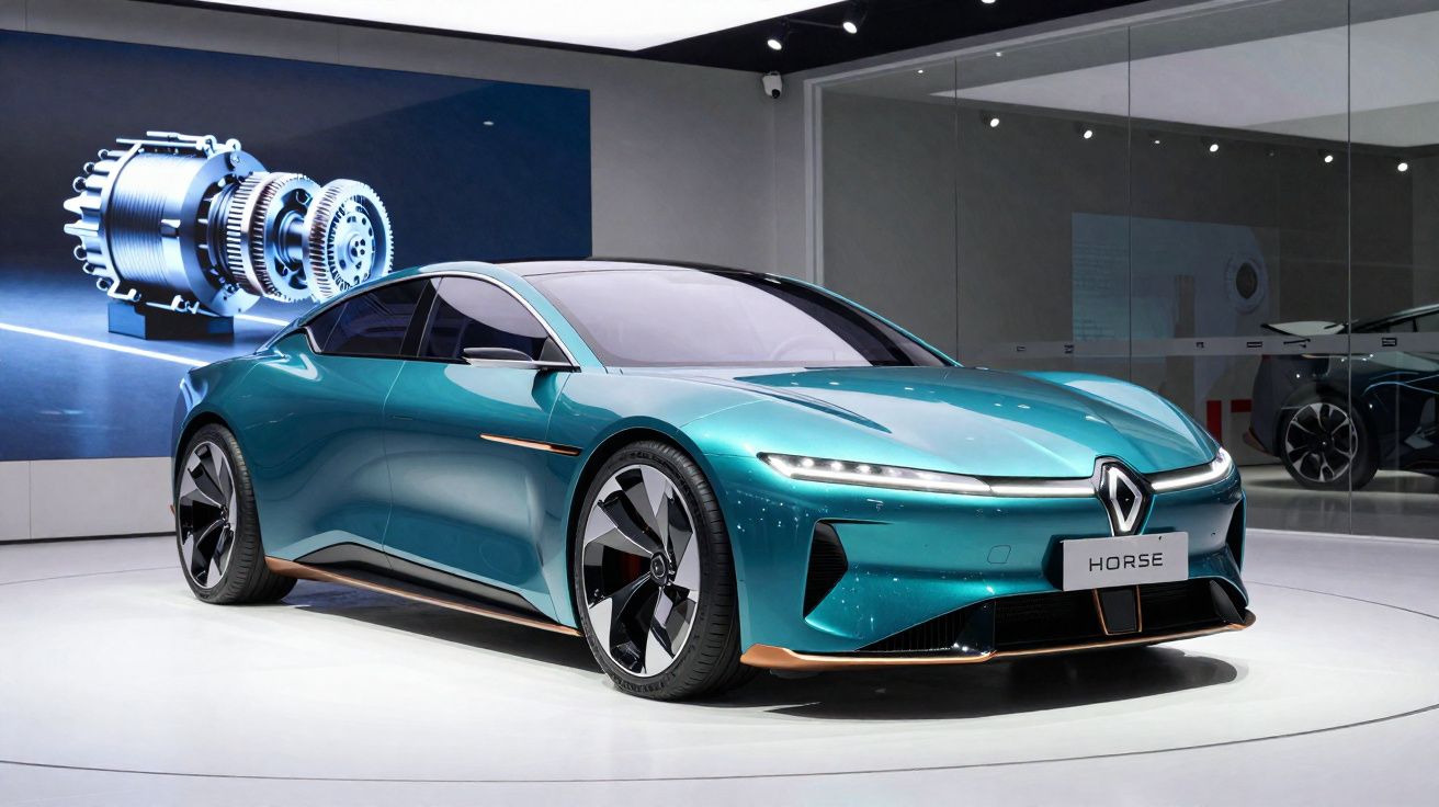 Carro desportivo elétrico Renault Horse azul turquesa exibido em salão automóvel moderno.