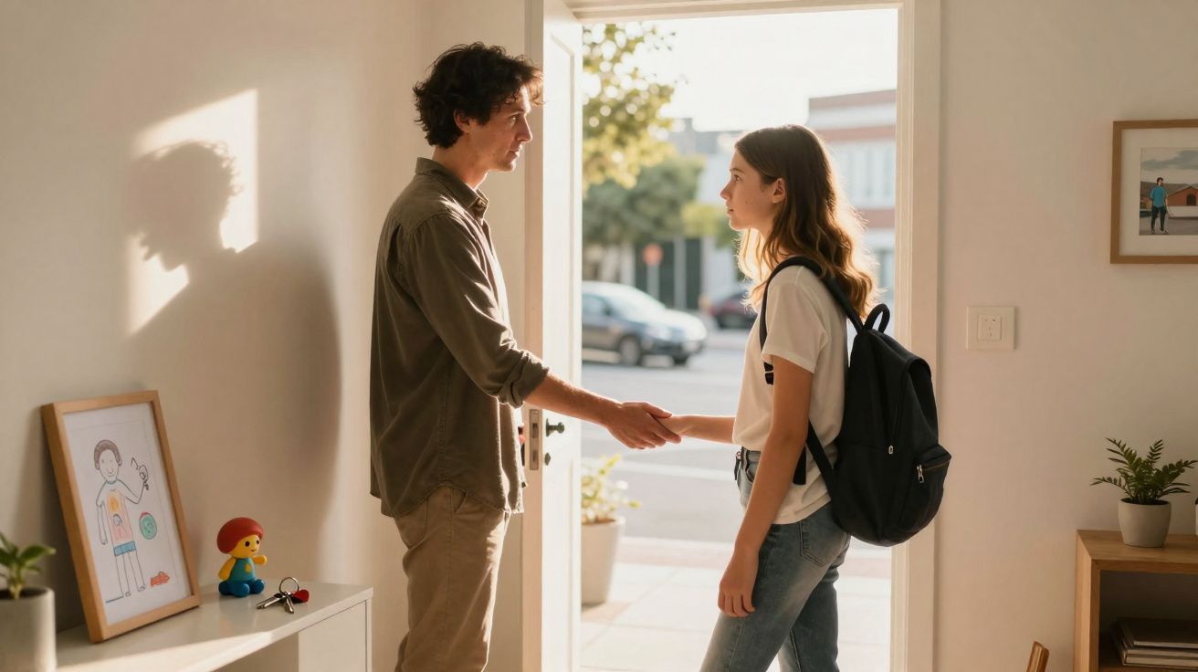 Homem e jovem com mochila apertam as mãos junto à porta de casa iluminada pelo sol.