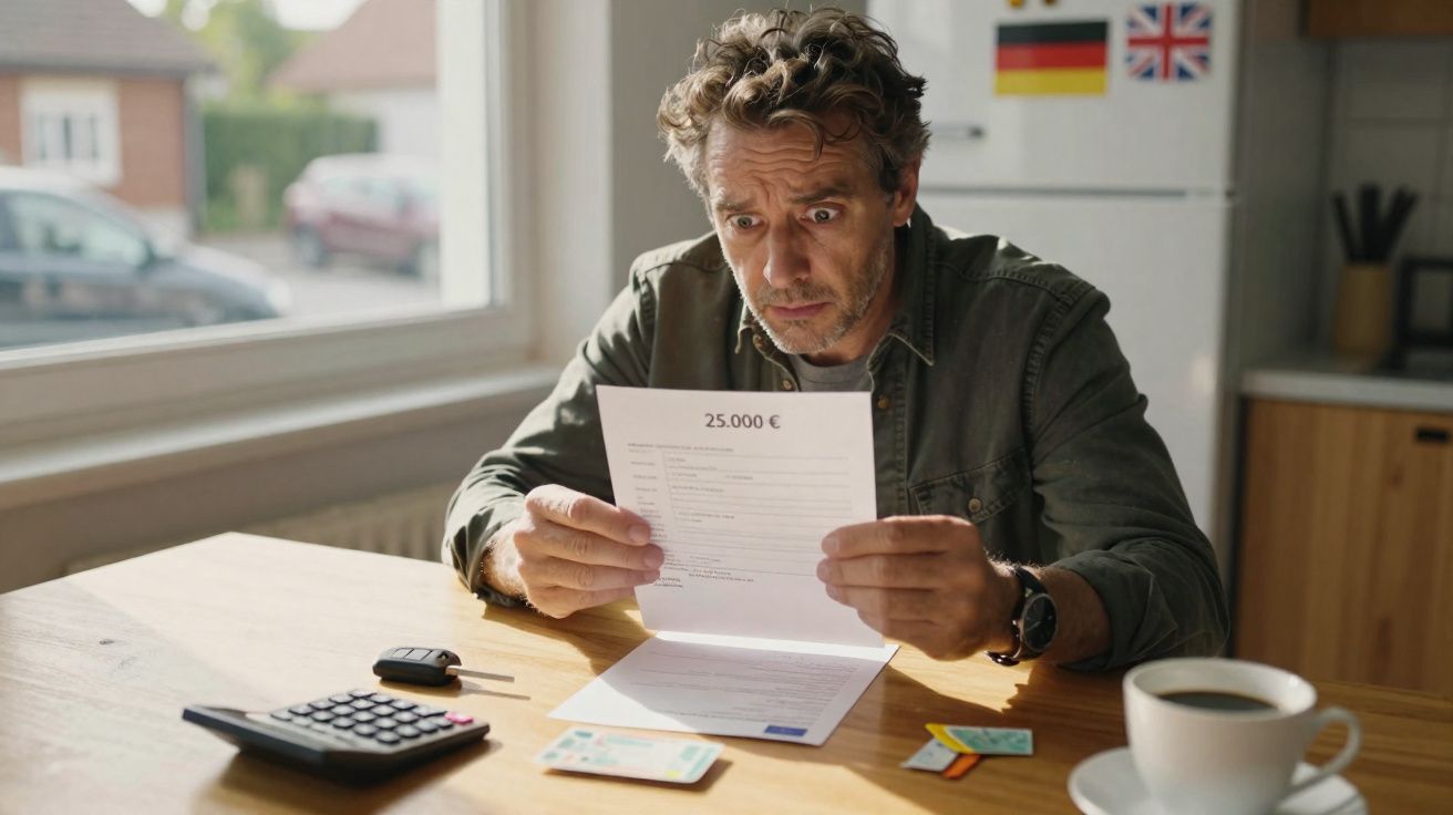 Homem preocupado sentado à mesa a ler uma carta de dívida de 25.000 euros com objetos pessoais à frente.