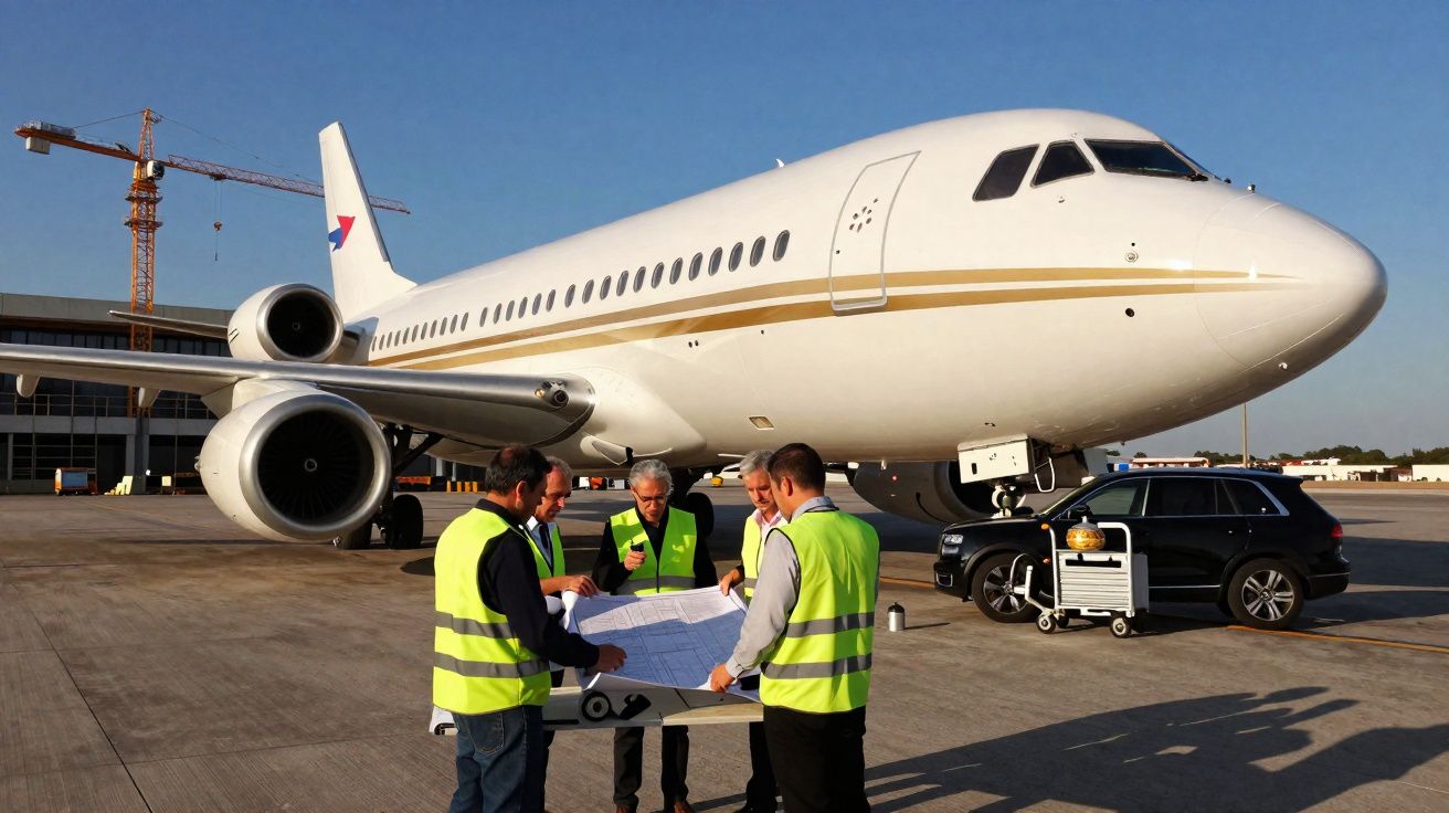 Cinco trabalhadores com coletes refletivos analisam plantas junto a um avião branco estacionado no aeroporto.