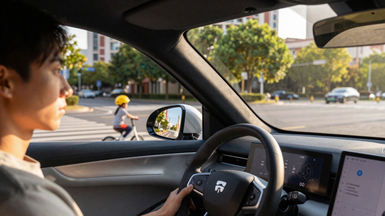 Homem dentro de carro elétrico com criança de capacete a andar de bicicleta na rua em dia ensolarado.