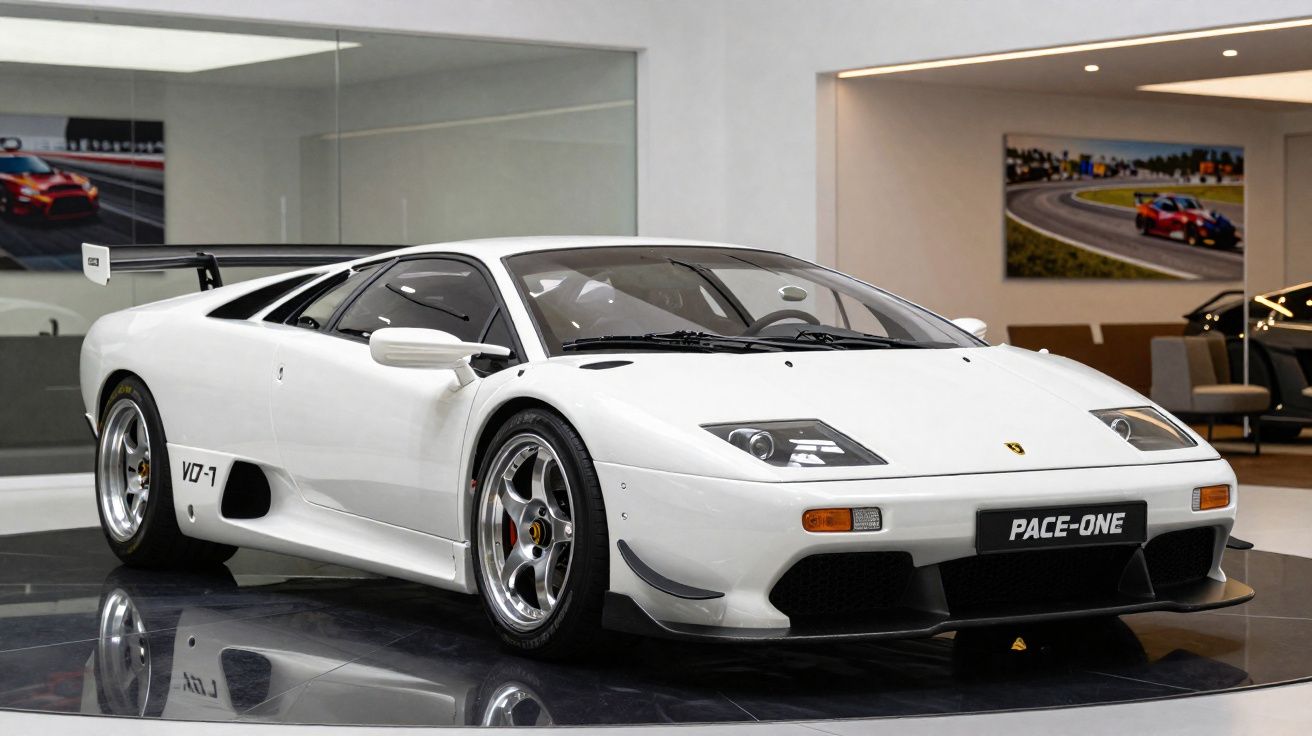 Carro desportivo branco Lamborghini Diablo VT-1 exposto em interior moderno com chão brilhante.