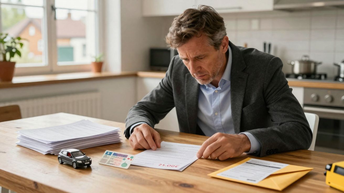 Homem preocupado analisa carta de multa de trânsito numa mesa com documentos e miniaturas de carros.
