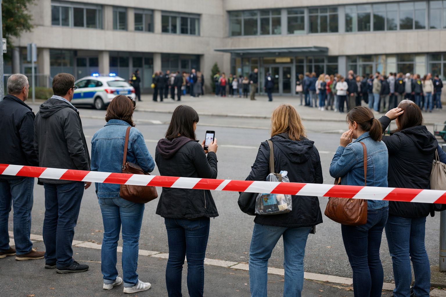 Pessoas observam do lado de fora de um edifício bloqueado por fita de segurança e polícia com carro em fundo urbano.