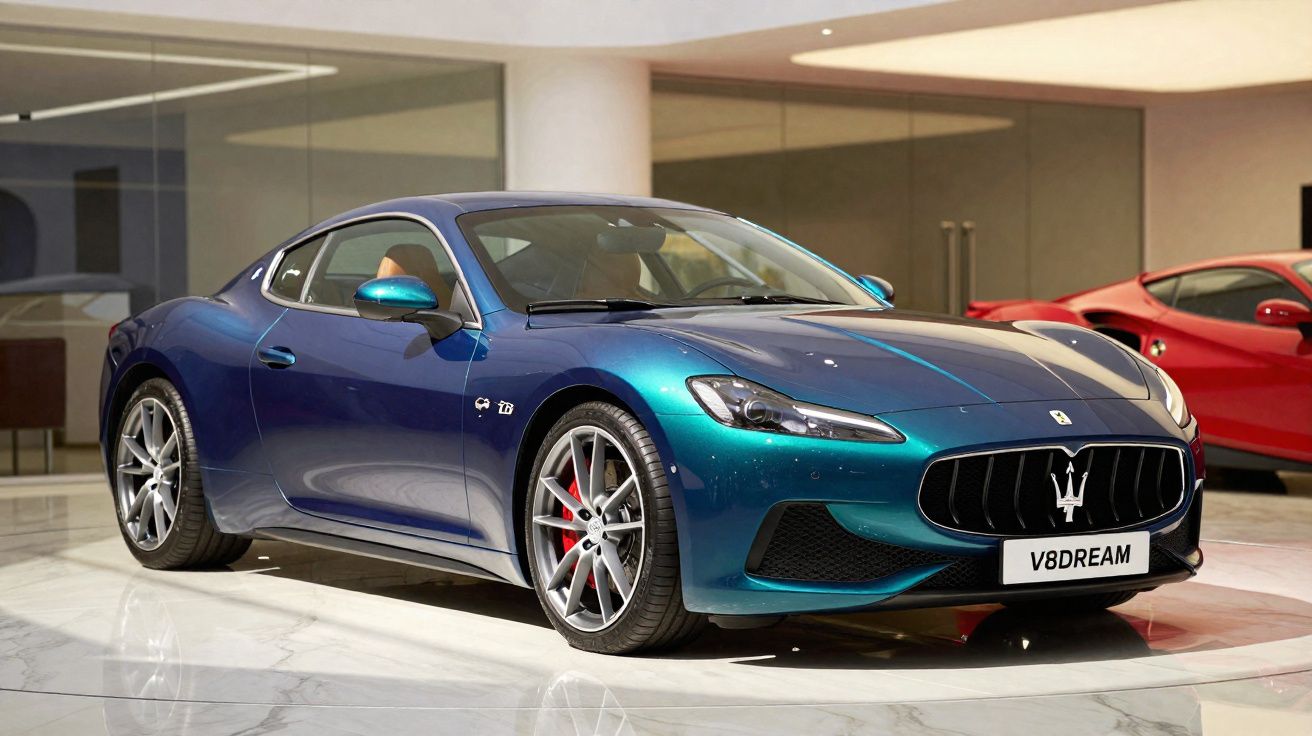 Carro desportivo azul metálico Maserati em exposição interior com matrículas V8DREAM.