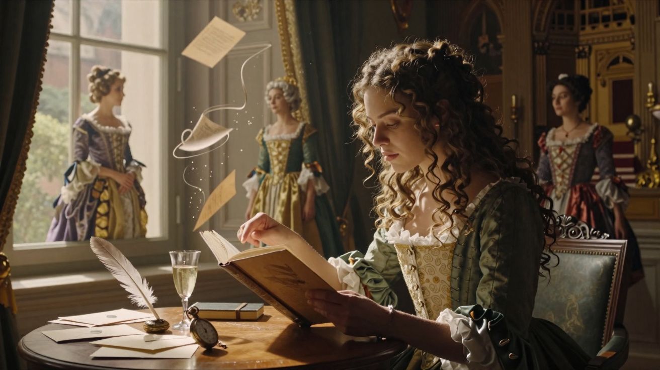 Mulher com vestido de época lê livro num salão antigo, com outras três mulheres ao fundo e cartas a flutuar no ar.