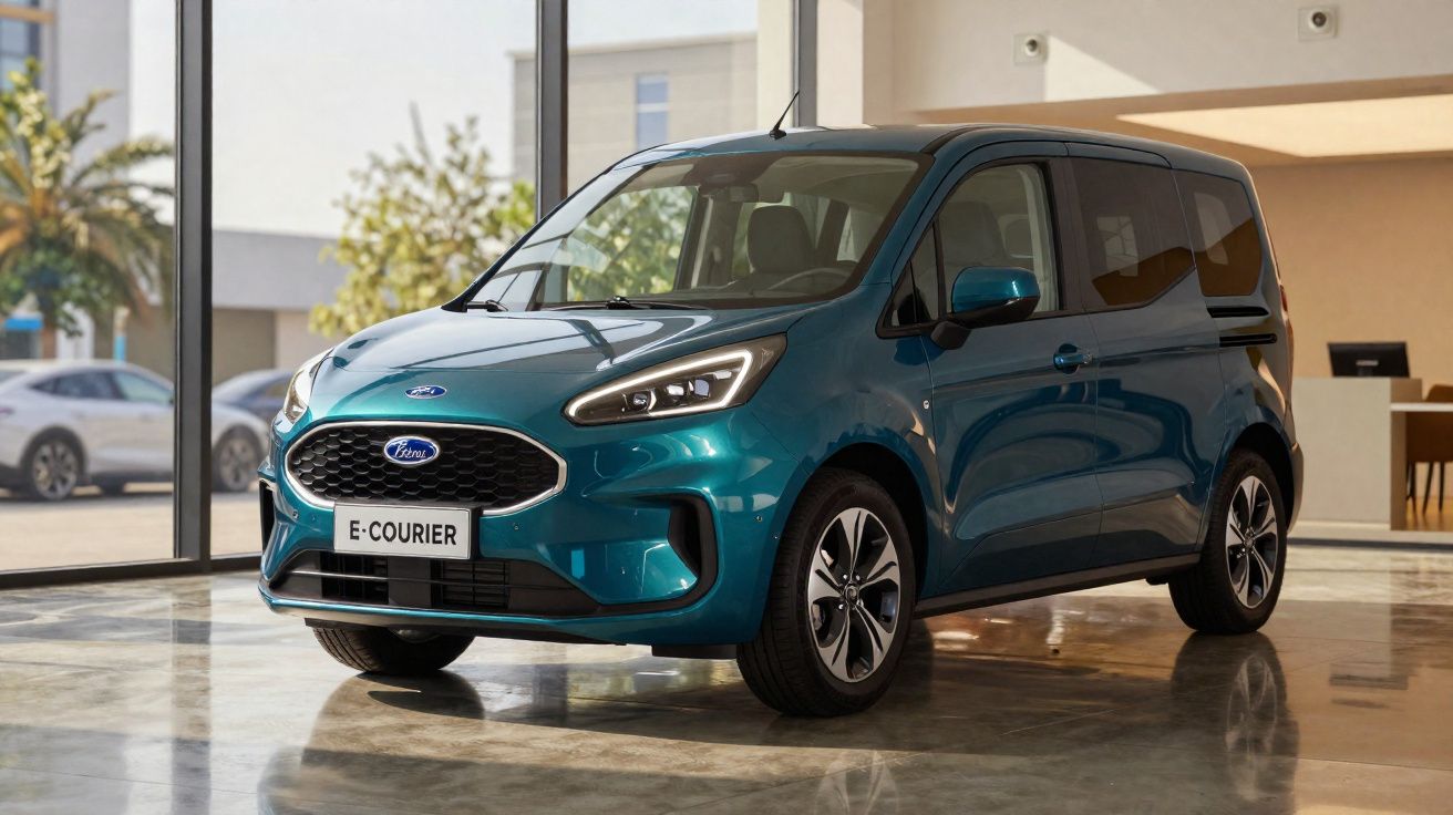 Ford E-Courier azul eletrico estacionado em showroom com chão de cimento polido.