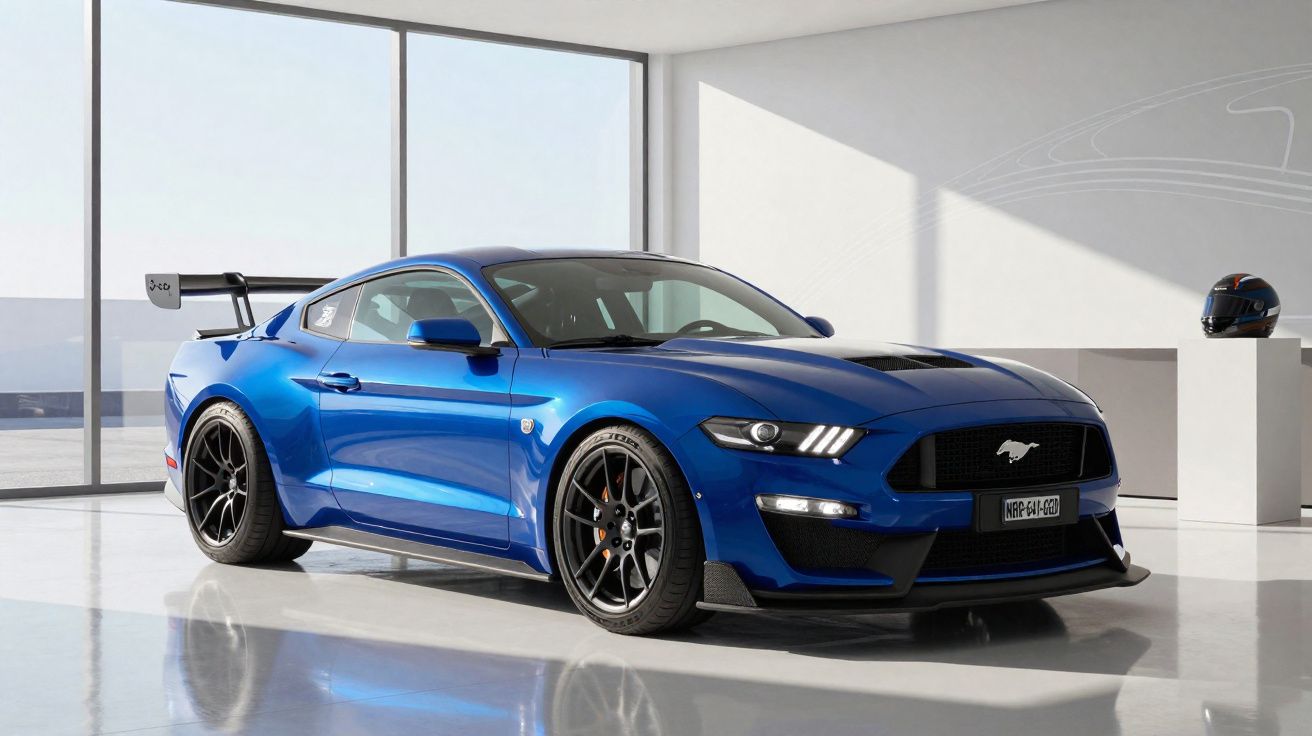 Carro desportivo azul com design aerodinâmico em ambiente interior luminoso e moderno.