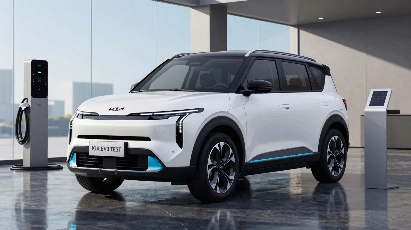 Carro elétrico branco Kia EV3 estacionado interior com posto de carregamento e controlador digital ao lado.