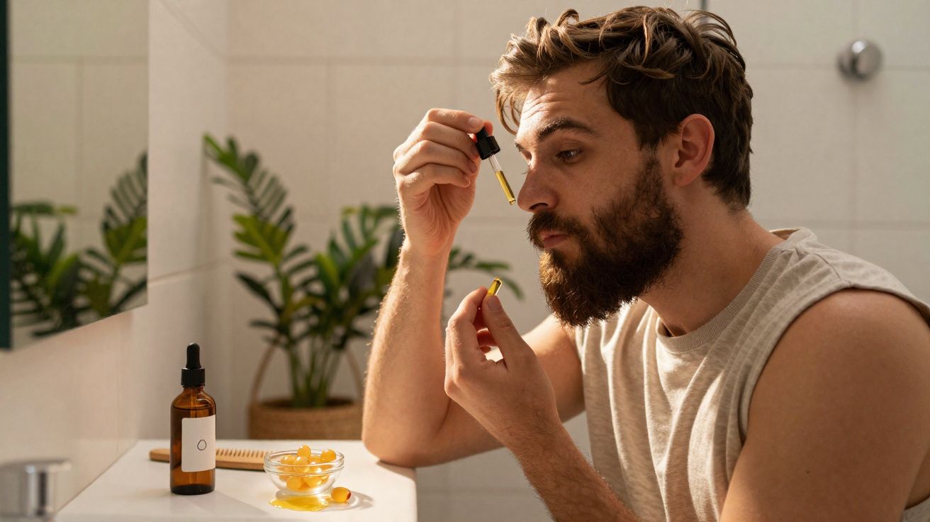 Homem a aplicar óleo na barba com conta-gotas numa casa de banho moderna e luminosa.