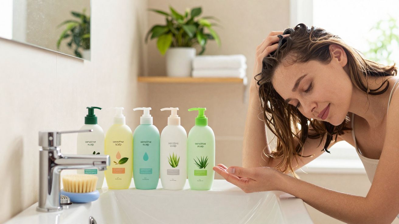 Mulher a aplicar produto no cabelo junto a cinco frascos de produtos de cuidado capilar numa casa de banho.