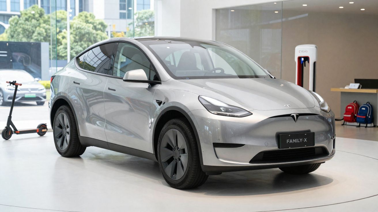 Carro elétrico Tesla Family-X cinzento numa exposição interior com um trotinete elétrica ao fundo.