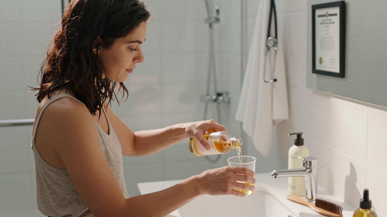 Mulher a verter medicamento líquido num copo na casa de banho clara e organizada.