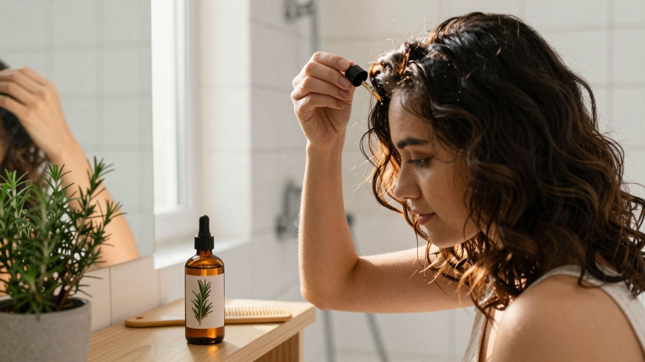 Mulher aplica óleo capilar com conta-gotas num cabelo castanho ondulado, junto a uma garrafa e planta de alecrim.